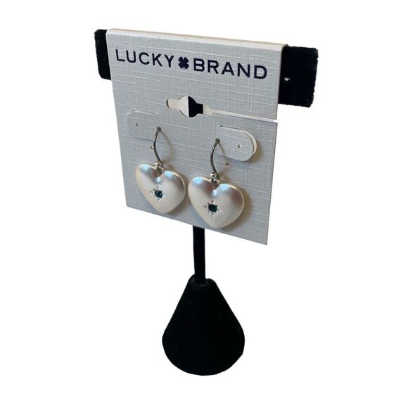 Matte Silver Heart Shaped Drop Earrings w/ Dark Blue Centered Pave Crystal - Picture 3 of 5